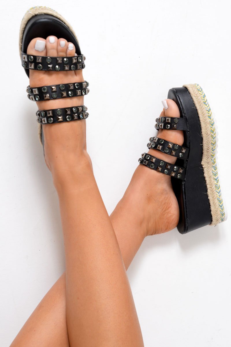 Black PU Embellished Flatform Slip On Sandals - Madina-Sliders