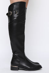 Black PU Gold Detail Buckle Flat Long Boots - Connie-Boots