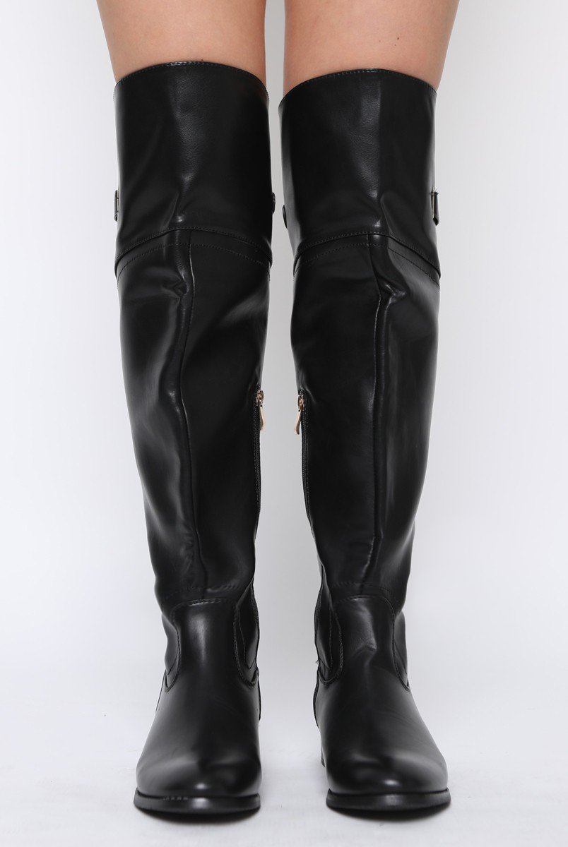 Black PU Gold Detail Buckle Flat Long Boots - Connie-Boots