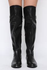 Black PU Gold Detail Buckle Flat Long Boots - Connie-Boots