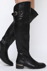 Black PU Gold Detail Buckle Flat Long Boots - Connie-Boots