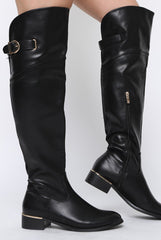 Black PU Gold Detail Buckle Flat Long Boots - Connie-Boots