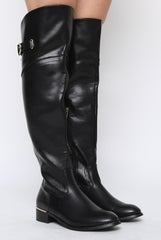 Black PU Gold Detail Buckle Flat Long Boots - Connie-Boots