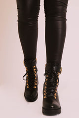 Black PU Gold Detail Heeled Military Boot - Abela-Boots