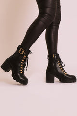 Black PU Gold Detail Heeled Military Boot - Abela-Boots