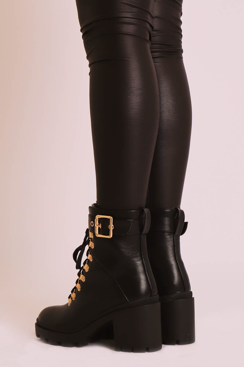 Black PU Gold Detail Heeled Military Boot - Abela-Boots