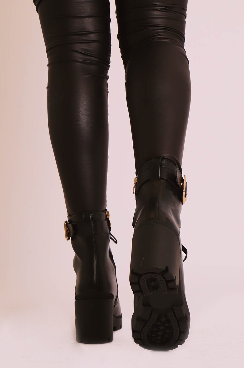 Black PU Gold Detail Heeled Military Boot - Abela-Boots
