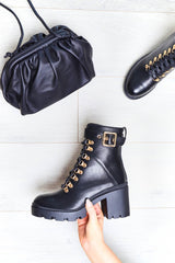 Black PU Gold Detail Heeled Military Boot - Abela-Boots
