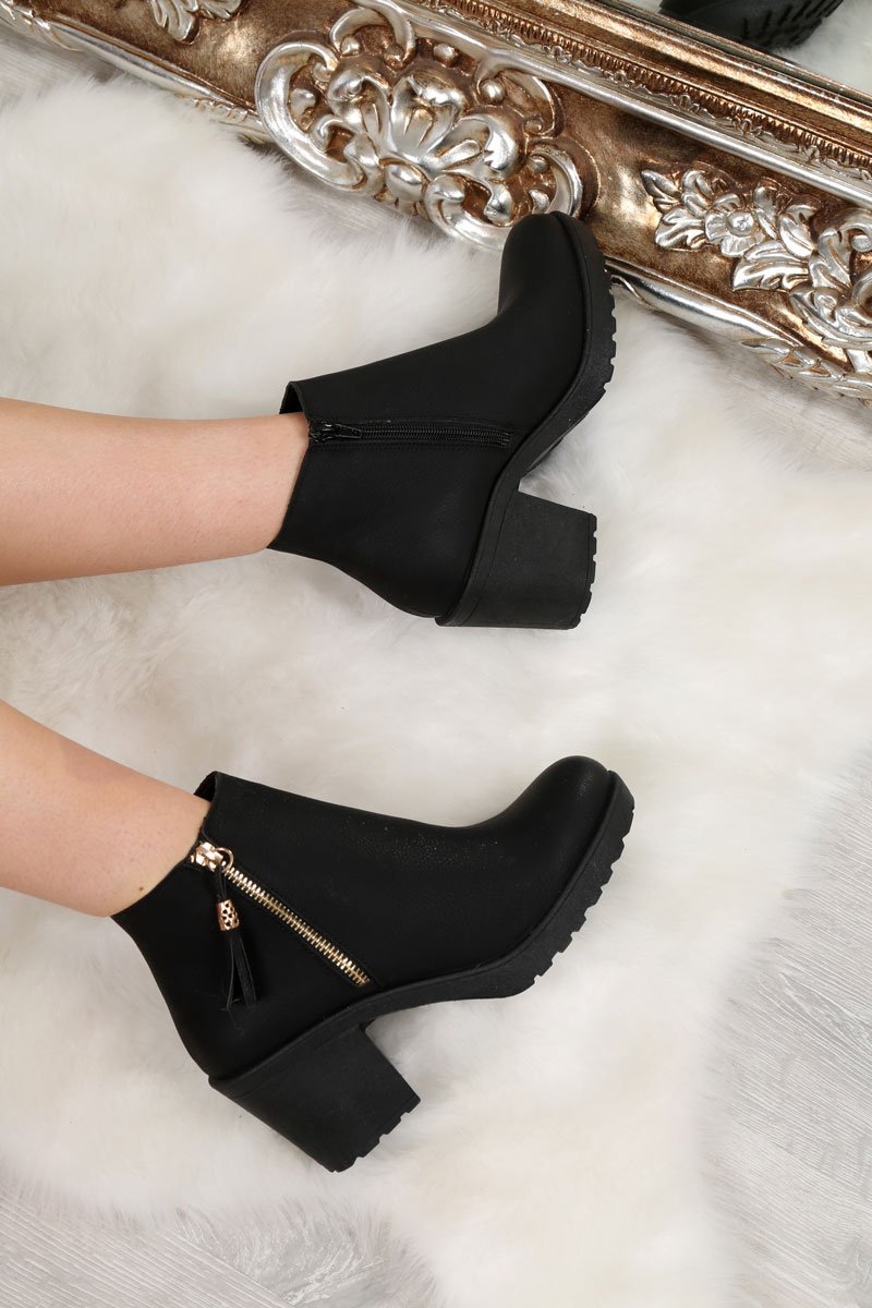 Black PU Gold Detail Zip Heeled Boot- Amare-Boots