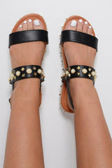 Black PU Gold Studded Sandals - Jalexa-Sandals
