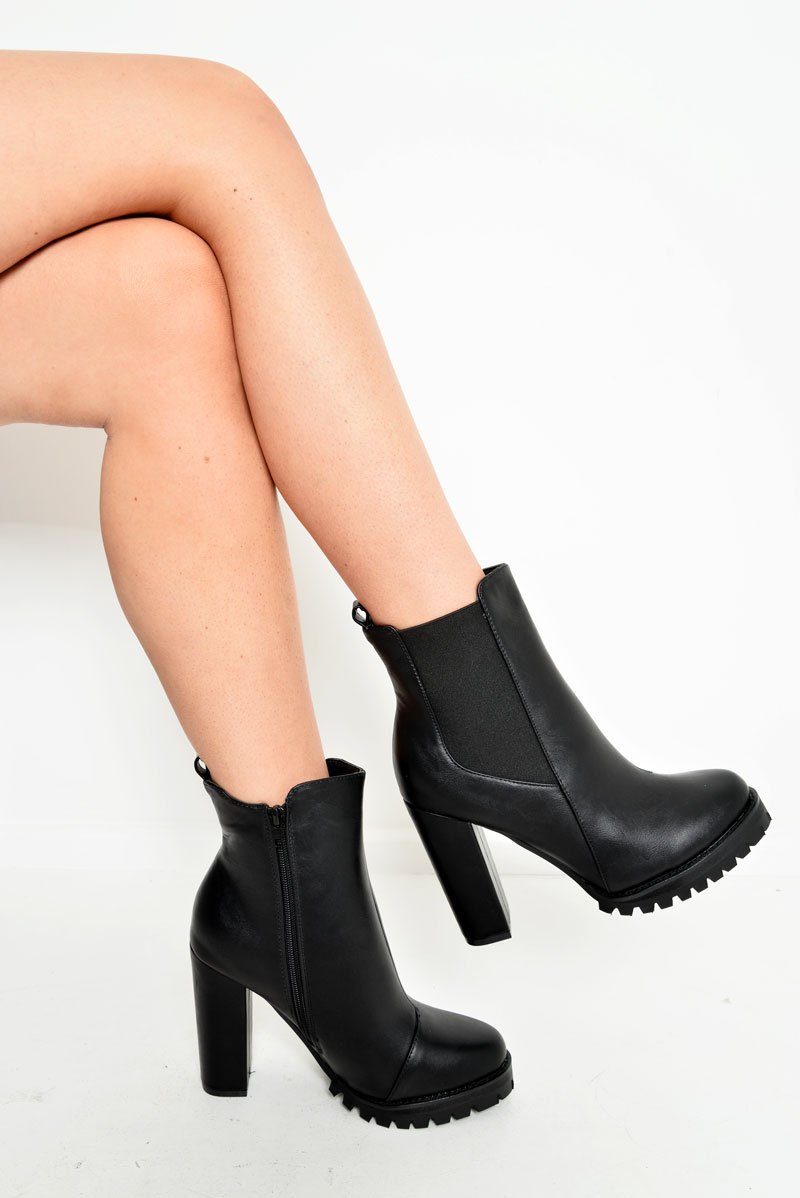 Black PU Heeled Zip Side Boots - Claira-Boots