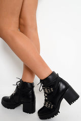 Black PU Hiker Buckle Heeled Boots - Huntleigh-Boots