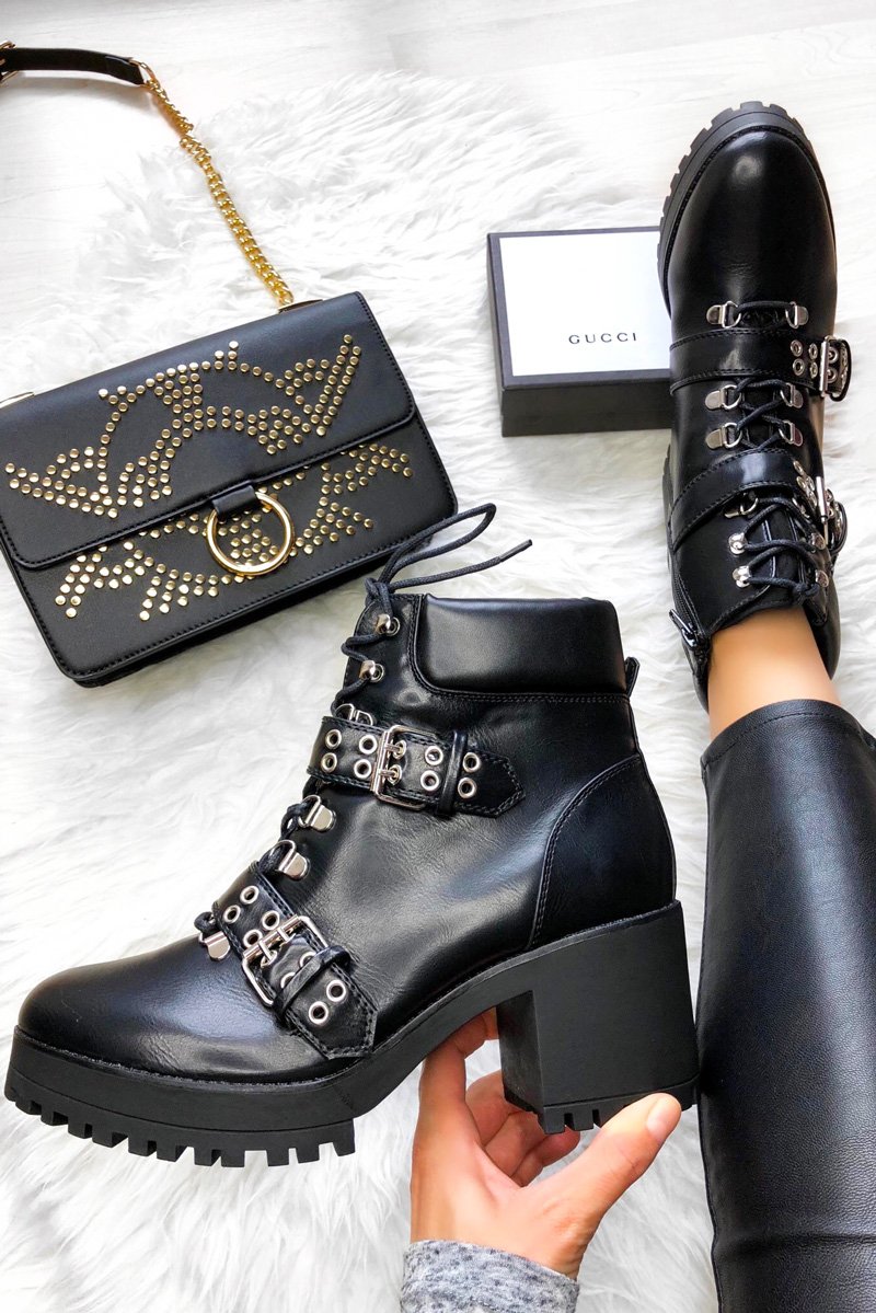Black PU Hiker Buckle Heeled Boots - Huntleigh-Boots