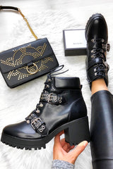 Black PU Hiker Buckle Heeled Boots - Huntleigh-Boots