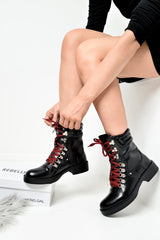 Black PU Lace Up Biker Boots - Kadie-Boots