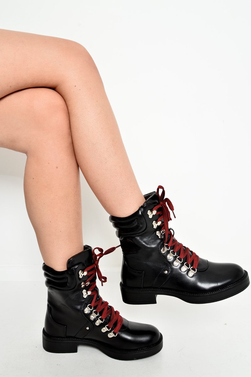 Black PU Lace Up Biker Boots - Kadie-Boots