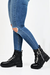 Black PU Lace Up Buckle Detail Biker Boots - Novah-Boots