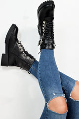 Black PU Lace Up Buckle Detail Biker Boots - Novah-Boots