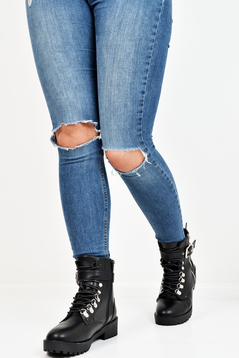 Black PU Lace Up Buckle Detail Biker Boots - Novah-Boots