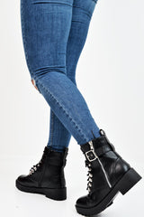 Black PU Lace Up Buckle Detail Biker Boots - Novah-Boots
