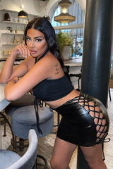 Black PU Lace Up Leather Mini Skirt - Mira
