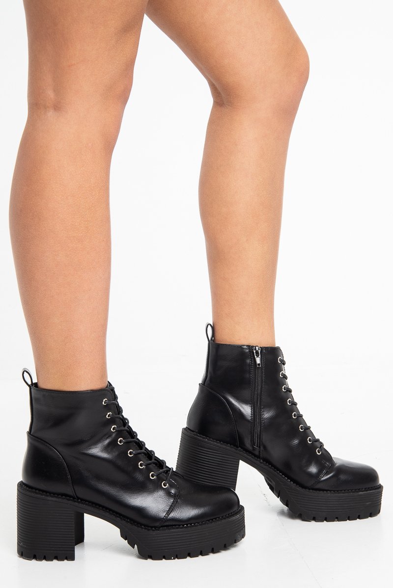 Black PU Lace Up Platform Block Heel Boots - Tiane-Boots
