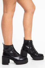 Black PU Lace Up Platform Block Heel Boots - Tiane-Boots