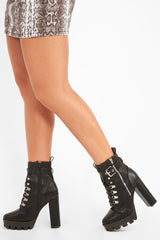Black PU Lace Up Platform Heel Boots - Makyra-Boots