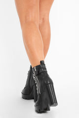 Black PU Lace Up Platform Heel Boots - Makyra-Boots