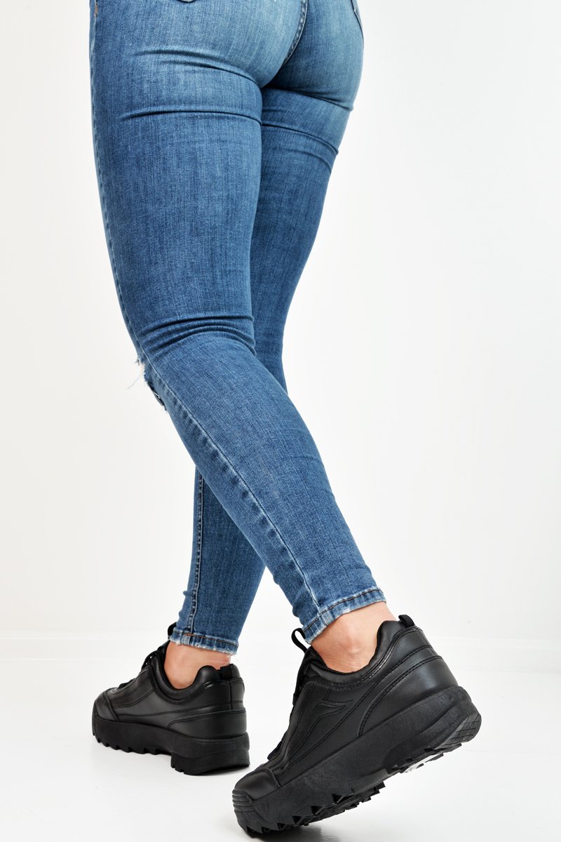 Black PU Lace Up Sole Detail Trainers - Lennix-Trainers