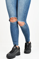 Black PU Lace Up Sole Detail Trainers - Lennix-Trainers