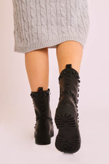 Black PU Leather Beaded Detail Lace Up Boots - Carlissa-Boots