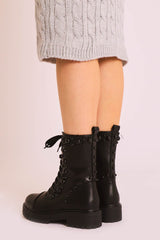 Black PU Leather Beaded Detail Lace Up Boots - Carlissa-Boots