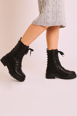 Black PU Leather Beaded Detail Lace Up Boots - Carlissa-Boots