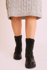 Black PU Leather Beaded Detail Lace Up Boots - Carlissa-Boots