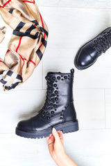 Black PU Leather Beaded Detail Lace Up Boots - Carlissa-Boots