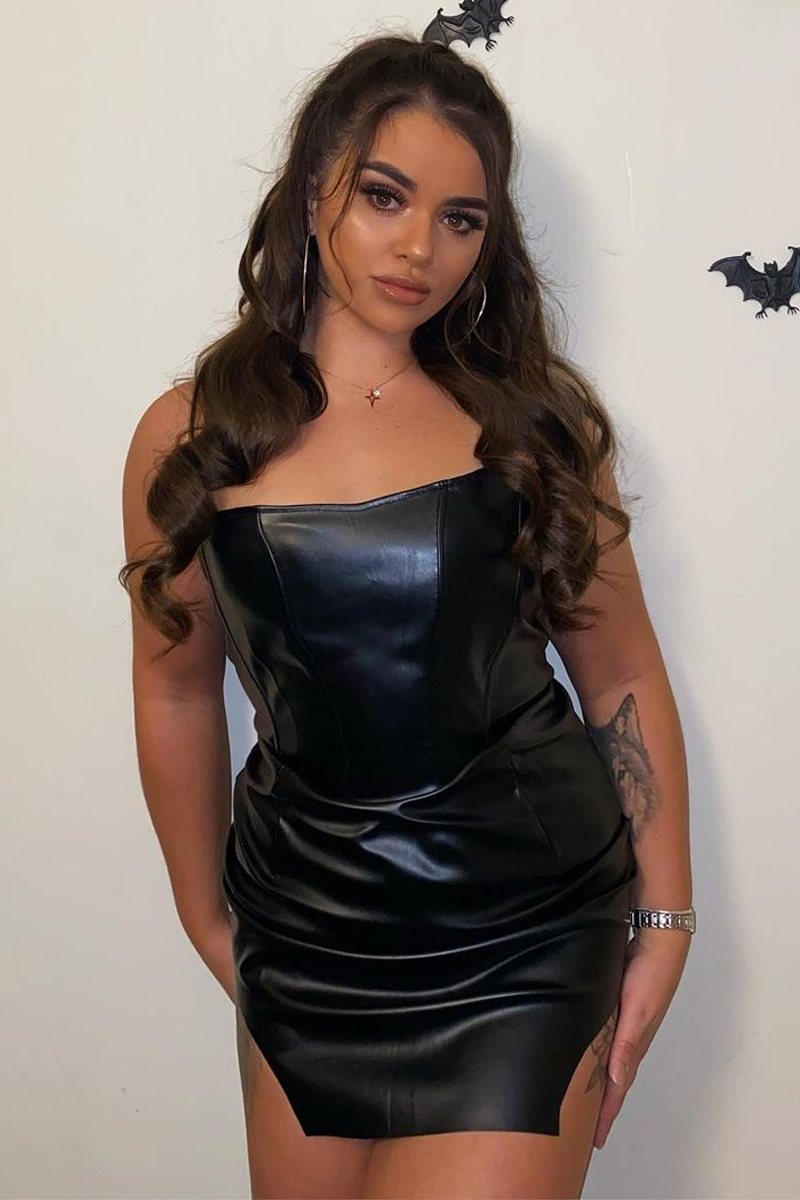 Black PU Leather Corset Cut Out Hem Mini Dress | Mini Dresses | Rebellious Fashion Black PU Leather Corset Cut Out Hem Mini Dress | Mini Dresses | Rebellious Fashion