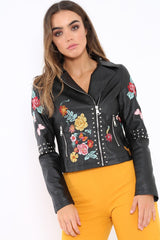 Black PU Leather Embroidered Stud Leather Jacket - Bianca-Jackets