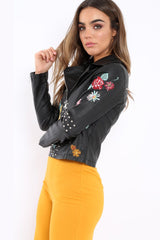 Black PU Leather Embroidered Stud Leather Jacket - Bianca-Jackets