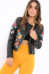Black PU Leather Embroidered Stud Leather Jacket - Bianca-Jackets
