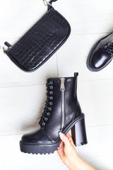 Black PU Leather Lace Up Heeled Boots - Faelyn-Boots