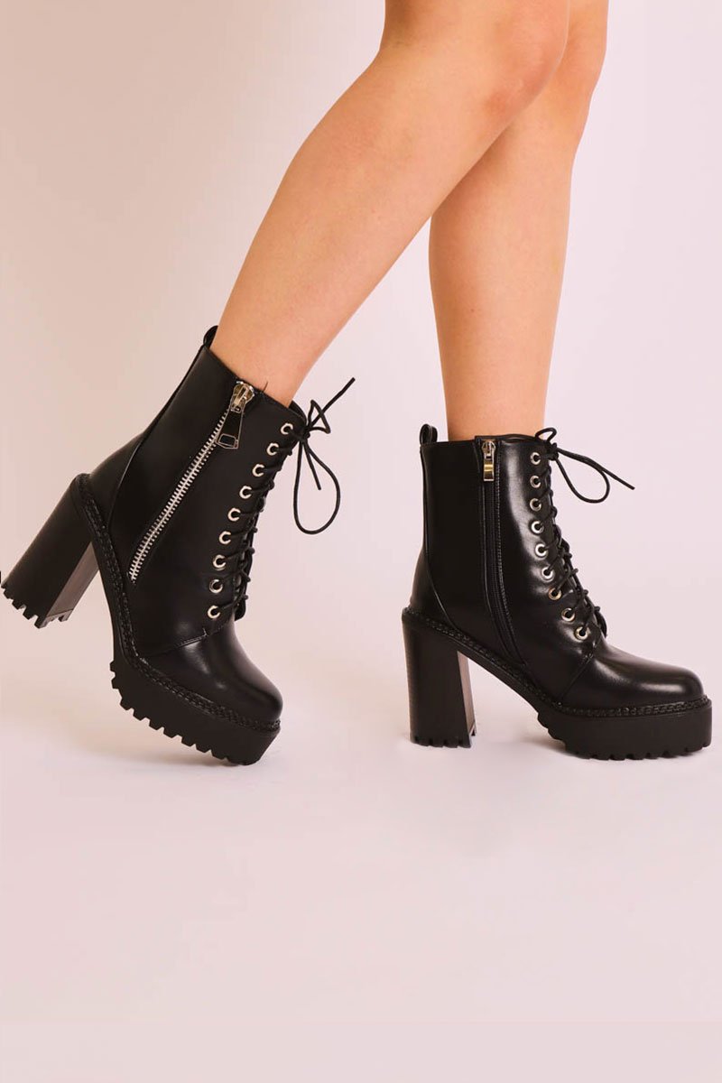 Black PU Leather Lace Up Heeled Boots - Faelyn-Boots