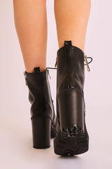 Black PU Leather Lace Up Heeled Boots - Faelyn-Boots