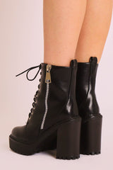 Black PU Leather Lace Up Heeled Boots - Faelyn-Boots