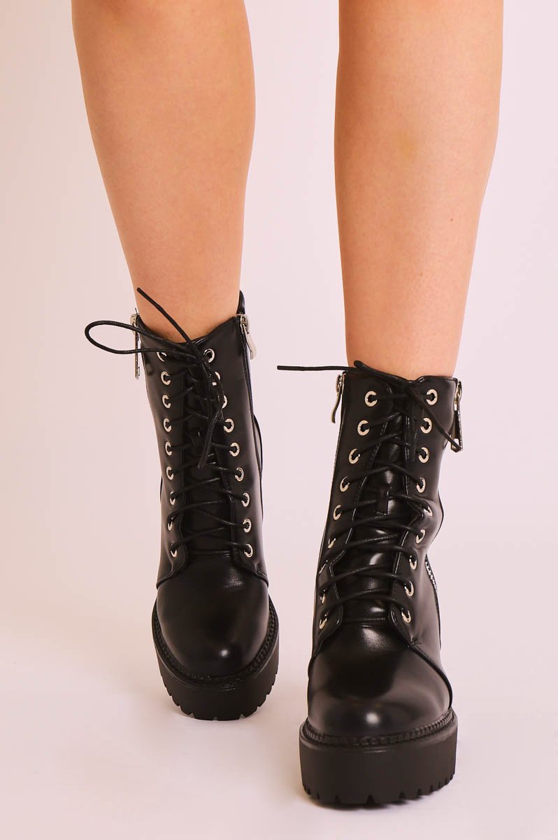Black PU Leather Lace Up Heeled Boots - Faelyn-Boots
