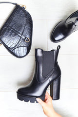 Black PU Leather Platform High Heeled Boots - Nova-Boots
