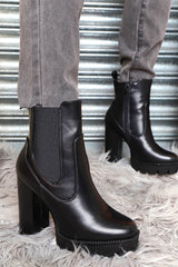 Black PU Leather Platform High Heeled Boots - Nova-Boots