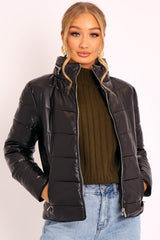 Black PU Leather Puffer Coat - Kobie-Coats
