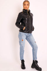 Black PU Leather Puffer Coat - Kobie-Coats