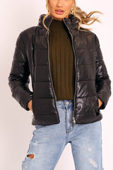 Black PU Leather Puffer Coat - Kobie-Coats